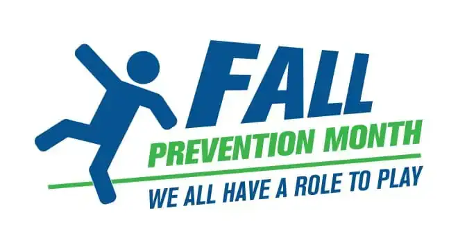 Fall prevention awareness logo with a running figure and message.