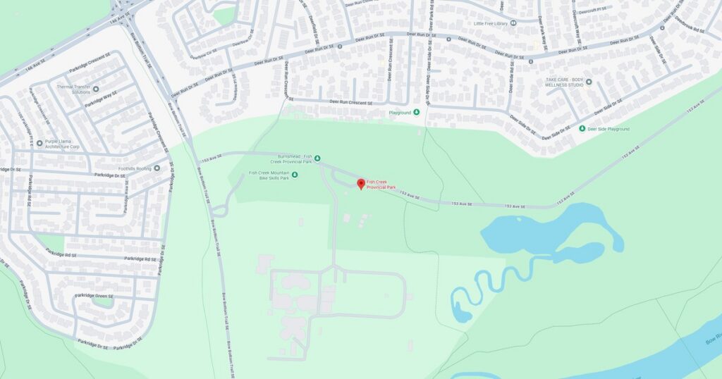 Map showing park, lake, and surrounding residential area.
