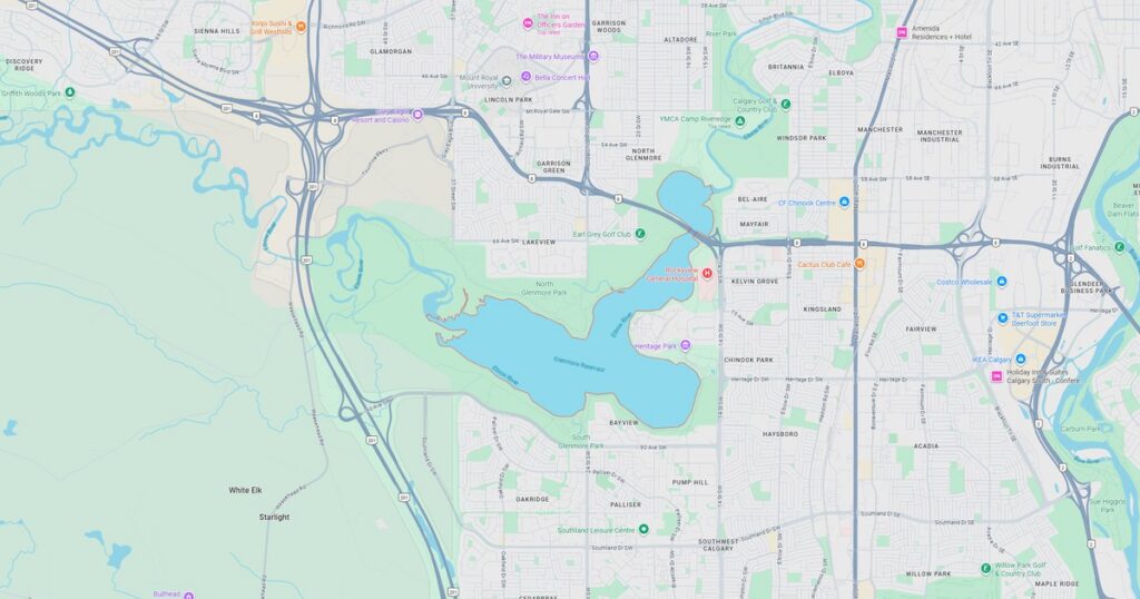 Detailed map showing a lake, roads, and surrounding streets in the local area.