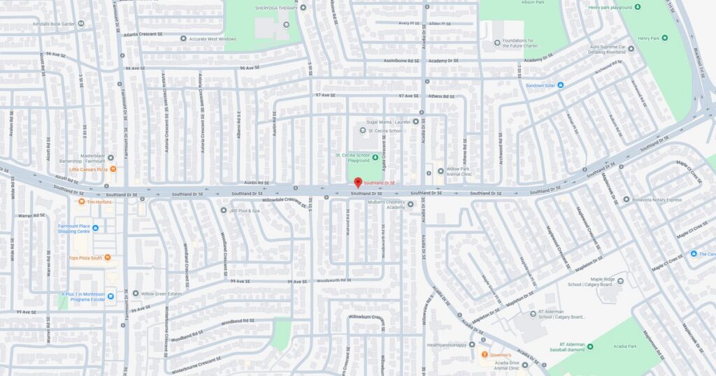 Map view of a residential neighborhood with streets and parks.